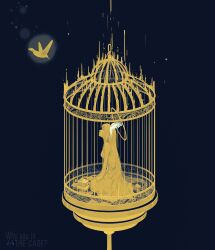Rule 34 | 1girl, angel, artist name, bird, birdcage, blue background, book, book stack, cage, dark background, dated, dress, glowing, head wings, highres, hummingbird, kneeling, liliyfox, long hair, looking at animal, monochrome, original, simple background, solo, spot color, wide shot, wings