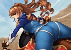 Rule 34 | 10s, 1girl, alternate costume, ass, beatrix (granblue fantasy), brown hair, from behind, gloves, granblue fantasy, green eyes, neo-masterpeacer, riding, solo, speed lines