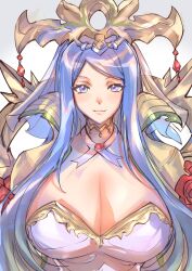 Rule 34 | 1girl, alternate breast size, blue eyes, blue hair, breasts, cleavage, crown, dress, fire emblem, fire emblem engage, highres, jewelry, large breasts, lumera (fire emblem), mature female, nintendo, solo, twitter username, ug333333