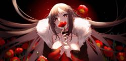 Rule 34 | 1girl, black choker, black dress, breasts, brown hair, center opening, choker, cleavage, collarbone, covered mouth, dress, earrings, fate/grand order, fate (series), floating hair, flower, flower over mouth, fur-trimmed jacket, fur collar, fur trim, head tilt, holding, holding flower, jacket, jewelry, long hair, looking at viewer, medium breasts, poppy (flower), red eyes, sidelocks, solo, very long hair, yaoshi jun, yu mei-ren (fate)
