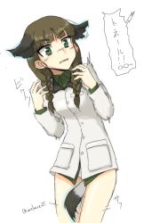 Rule 34 | 1girl, animal ears, between legs, braid, brown hair, dog ears, glasses, hanna philine, highres, long hair, makaze (t-junction), military, military uniform, solo, speech bubble, strike witches, surprised, tail, tail between legs, translated, twin braids, uniform, world witches series