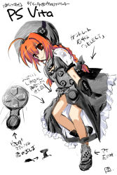 Rule 34 | 1girl, ahoge, alternate costume, blush, braid, game console, gloves, handheld game console, hat, kimura shuuichi, long hair, lyrical nanoha, mahou shoujo lyrical nanoha, mahou shoujo lyrical nanoha a&#039;s, name connection, open mouth, playstation vita, pun, red eyes, red hair, solo, sony, twin braids, twintails, video game, vita (nanoha)