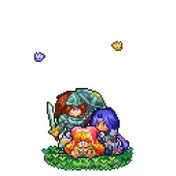 Rule 34 | 1girl, 2boys, animated, animated gif, blonde hair, blue hair, brown hair, charlotte (seiken densetsu 3), duran (seiken densetsu 3), hat, hawkeye (seiken densetsu 3), jester cap, lowres, multiple boys, pixel art, rabite (seiken densetsu), seiken densetsu, seiken densetsu 3, shield, square enix, sweat, sword, weapon, white background