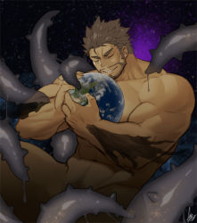 Rule 34 | 1boy, abs, bara, beard, completely nude, convenient censoring, dagon (housamo), earth (planet), facial hair, feet out of frame, giant, giant male, gomtang, grey hair, large pectorals, liquid, male focus, mature male, muscular, muscular male, navel, navel hair, nipples, nude, pectorals, planet, short hair, sideburns, smile, solo, space, stomach, stubble, tentacles, thick thighs, thighs, tokyo houkago summoners