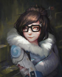 Rule 34 | 10s, 1girl, 2016, arm wrap, black-framed eyewear, breasts, brown eyes, brown hair, closed mouth, coat, dao trong le, dated, fur trim, glasses, hair bun, hair ornament, hair stick, highres, large breasts, lips, looking afar, mei (overwatch), nose, overwatch, overwatch 1, short hair, signature, single hair bun, solo, swept bangs, tape, upper body