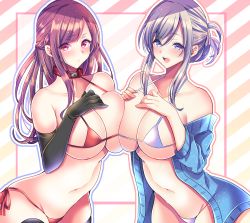 Rule 34 | 2girls, :d, aizawa chihiro, asymmetrical docking, bare shoulders, bikini, black gloves, blue sweater, blush, braid, breast press, breasts, brown hair, cardigan, cleavage, collar, collarbone, commentary request, cowboy shot, elbow gloves, folded ponytail, french braid, gloves, groin, hair between eyes, halterneck, hands on own chest, highres, large breasts, long hair, long sleeves, looking at viewer, micro bikini, midriff, multiple girls, navel, open cardigan, open clothes, open mouth, original, ponytail, purple eyes, purple hair, red bikini, red collar, red eyes, side-tie bikini bottom, sidelocks, smile, standing, stomach, strap gap, string bikini, sweater, swimsuit, teeth, underboob, upper teeth only, white bikini