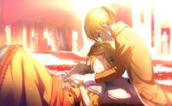 Rule 34 | aku no meshitsukai (vocaloid), blonde hair, blue eyes, brother and sister, butler, closed eyes, evillious nendaiki, flower, from side, hair ornament, hairclip, highres, holding hands, lap pillow, lying, official art, on back, parted lips, petals, project sekai, rose, rose petals, shading, siblings, sitting, swept bangs, tears, vocaloid