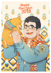 Rule 34 | 1boy, 2018, :d, absurdres, affectionate, animal, bara, beard stubble, blue sleeves, blush, chinese zodiac, clothed animal, collared shirt, daisukebear, dig, facial hair, glasses, happy new year, highres, holding, holding animal, male focus, new year, open mouth, original, print shirt, raglan sleeves, shiba inu, shirt, short hair, sideburns, sideburns stubble, smile, solo, sparse stubble, stubble, upper body, year of the dog