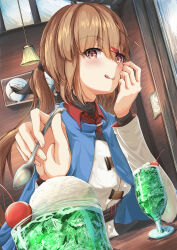 Rule 34 | 1girl, absurdres, blue shawl, brown eyes, brown hair, cherry, commentary request, cream soda, drink, dutch angle, eyebrows hidden by hair, food, fruit, hair ornament, hairclip, highres, ice cream, ice cream float, jacket, kantai collection, lamp, long hair, low twintails, shawl, smile, solo, spool, sudachineko, tashkent (kancolle), tongue, tongue out, twintails, upper body, white jacket