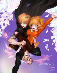 Rule 34 | absurdres, artist name, blonde hair, blue eyes, brown pantyhose, cape, carrying, carrying person, feet, green eyes, guardian tales, hairband, highres, holding, holding weapon, medium hair, orange hairband, orange shirt, pantyhose, parted bangs, sahilskarts, shirt, simple background, smile, weapon