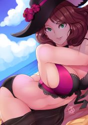 Rule 34 | 1girl, ass, beach, bikini, blue sky, breasts, brown hair, butt crack, cleavage, closed mouth, cloud, day, dorothea arnault, earrings, fire emblem, fire emblem: three houses, fire emblem heroes, flower, green eyes, hat, hat flower, highres, jewelry, large breasts, long hair, nintendo, outdoors, revolverwing, sarong, sky, smile, solo, swimsuit