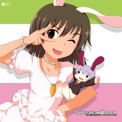 Rule 34 | 1girl, :p, animal ears, blazer, brown hair, carrot, carrot necklace, character doll, female focus, highres, idolmaster, inaba tewi, jacket, jewelry, necklace, necktie, one eye closed, parody, pendant, rabbit ears, rabbit girl, rabbit tail, red eyes, reisen udongein inaba, solo, supuzawa, tail, tongue, tongue out, touhou
