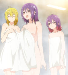 Rule 34 | 3girls, absurdres, ahoge, aoba kurage, aoba tsukuyo, aoba yuzuki, bare shoulders, blonde hair, breasts, cleavage, closed eyes, collarbone, hand on own chest, highres, large breasts, long hair, multiple girls, naked towel, open mouth, purple hair, red eyes, screencap, siblings, sidelocks, sisters, small breasts, smile, stitched, temple (series), thighs, third-party edit, towel
