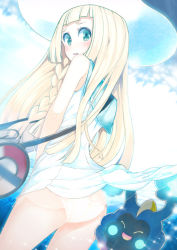 Rule 34 | 1girl, accidental exposure, ass, back, bag, bare arms, blonde hair, blunt bangs, blush, braid, cloud, cloudy sky, cosmog, cowboy shot, creatures (company), day, dress, dress tug, duffel bag, dutch angle, from behind, game freak, gen 7 pokemon, green eyes, guranyto, hat, legendary pokemon, light particles, lillie (pokemon), long hair, looking at viewer, looking back, nintendo, outdoors, panties, pantyshot, parted lips, partially submerged, partially underwater shot, pokemon, pokemon (creature), pokemon sm, see-through, short dress, side braid, sideways glance, sky, sleeveless, sleeveless dress, sparkle, submerged, sun hat, sundress, underwater, underwear, wading, water, white dress, white hat, white panties