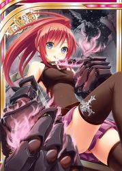 Rule 34 | 1girl, akkijin, blue eyes, bone, brown dress, card (medium), clenched hand, cross, crucifix, dress, gloves, hitodama, looking at viewer, night, night sky, ponytail, red hair, shinkai no valkyrie, sky, solo, star (sky), starry sky, thighhighs, tongue, tongue out