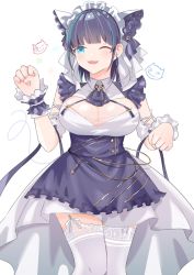 Rule 34 | 1girl, apron, aqua eyes, azur lane, breasts, cheshire (azur lane), cleavage, cleavage cutout, clothing cutout, dress, frilled apron, frilled hairband, frills, garter straps, hairband, multicolored hair, one eye closed, paw pose, purple apron, purple hair, solo, thighhighs, tuggi, white dress, white thighhighs, wrist cuffs