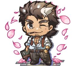 Rule 34 | 1boy, bara, beard stubble, belt, black eyes, brown hair, cherry blossoms, chibi, cigarette, collared shirt, commentary, drop shadow, facial hair, falling petals, full body, hand in pocket, highres, holding, holding notebook, low ponytail, male focus, mature male, medium hair, mononobe kyoma, multicolored hair, necktie, nizitaro, notebook, one eye closed, pants, partially unbuttoned, pectoral cleavage, pectorals, petals, pink petals, shirt, sideburns stubble, simple background, smile, smoking, solo, standing, streaked hair, stubble, thick eyebrows, tokyo houkago summoners, undone necktie, watch, white background, white hair, white shirt, wrinkled skin, wristwatch