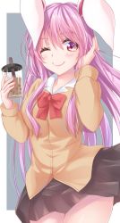 Rule 34 | 1girl, ;), alternate costume, animal ears, beige cardigan, black skirt, blush, border, bow, bowtie, breasts, bubble tea, cardigan, commentary, contemporary, cowboy shot, cup, disposable cup, drinking straw, grey background, hair between eyes, hand in own hair, hands up, highres, hisae (hisae collect), holding, holding cup, large breasts, long hair, long sleeves, looking at viewer, miniskirt, nail polish, one eye closed, outside border, pink nails, pleated skirt, purple hair, rabbit ears, red bow, red bowtie, red eyes, reisen udongein inaba, school uniform, sidelocks, simple background, skirt, smile, solo, standing, thighs, touhou, white border
