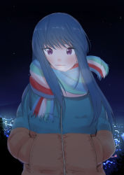 Rule 34 | 10s, 1girl, blue hair, city lights, cowboy shot, expressionless, hair down, hands in pockets, highres, jacket, long hair, outdoors, oze (xyz go go11), parted lips, purple eyes, scarf, shima rin, solo, standing, star (sky), yurucamp