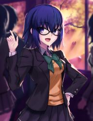 Rule 34 | 1girl, absurdres, black-framed eyewear, black jacket, blue eyes, blue hair, bow, bowtie, breasts, buttons, cherry blossoms, ciel (tsukihime), collared shirt, commentary request, glasses, green bow, green neckwear, grey skirt, hair between eyes, hand on own hip, highres, huge filesize, index finger raised, indoors, jacket, long sleeves, looking at viewer, medium breasts, miniskirt, open clothes, open jacket, open mouth, petals, pleated skirt, school uniform, shirt, short hair, sidelocks, skirt, smile, tsukihime, tsukihime (remake), tsukinaga, underboob, upper body, vest, white shirt, window, yellow vest