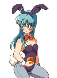 Rule 34 | 1girl, angry, animal ears, annoyed, aqua hair, arm at side, bare arms, bare shoulders, black leotard, blue eyes, blush, bow, bowtie, breasts, bulma, cleavage, closed mouth, detached collar, dragon ball, dragon ball (classic), dragon ball (object), embarrassed, fake animal ears, grey pantyhose, leotard, long hair, looking away, medium breasts, neck, pantyhose, playboy bunny, rabbit ears, rabbit tail, red bow, red bowtie, simple background, solo focus, straight hair, strapless, strapless leotard, tail, tkgsize, white background, wrist cuffs