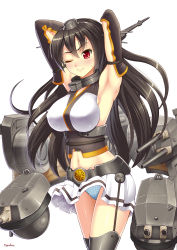 Rule 34 | 10s, 1girl, artist name, bare shoulders, black hair, breasts, elbow gloves, covered erect nipples, gloves, hair ornament, headgear, highres, kantai collection, large breasts, long hair, miniskirt, nagato (kancolle), navel, number10 (hagakure), one eye closed, panties, pantyshot, personification, red eyes, skirt, solo, standing, sweatdrop, thighhighs, underwear, white background, wink