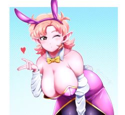 Rule 34 | 1girl, aka nobodyy, bent over, bow, bowtie, breasts, chronoa, cleavage, collar, colored skin, detached collar, detached sleeves, dragon ball, dragon ball heroes, earrings, heart, highres, jewelry, large breasts, leotard, one eye closed, orange hair, pink skin, playboy bunny, pointy ears, rabbit ears, rabbit tail, shiny skin, supreme kai of time, wink