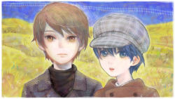 Rule 34 | 2boys, blue eyes, blue hair, brown hair, cabbie hat, campanella (ginga tetsudou no yoru), coat, day, double-breasted, formal, ginga tetsudou no yoru, giovanni (ginga tetsudou no yoru), green eyes, hat, male focus, multiple boys, open mouth, sky, suit, turtleneck, wheat field