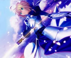 Rule 34 | 1girl, absurdres, ahoge, armor, armored dress, artoria pendragon (fate), blonde hair, blue dress, blue eyes, dress, dutch angle, excalibur (fate/stay night), fate/stay night, fate (series), gauntlets, highres, holding, holding sword, holding weapon, official art, saber (fate), short hair, solo, sword, takeuchi takashi, weapon