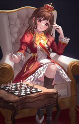 Rule 34 | 1girl, anklet, black socks, blush, board game, bow, bowtie, breasts, brown hair, chair, chess, chess piece, chessboard, commentary, crossed legs, crown, dress, dress bow, dress shoes, earrings, easy chair, english commentary, frilled dress, frilled sleeves, frills, full body, highres, holding chess piece, jewelry, long hair, long sleeves, looking down, medium breasts, on chair, original, parted lips, red dress, red eyes, ring, sitting, socks, solo, syu bit, wavy hair, yellow bow, yellow bowtie