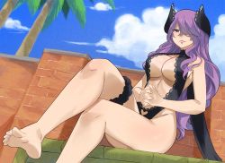 Rule 34 | 1girl, barefoot, breasts, center opening, cleavage, colorized, eden&#039;s zero, gaston18, hair ornament, hair over one eye, highres, holy (eden&#039;s zero), large breasts, long hair, mashima hiro, matching hair/eyes, purple eyes, purple hair, solo, swimsuit