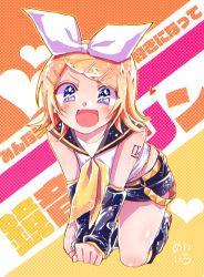 Rule 34 | &gt;:d, 1girl, :d, all fours, arm tattoo, ascot, bad id, bad twitter id, bare shoulders, blonde hair, blue eyes, blush, bow, crawling, detached sleeves, excited, hair bow, hair ornament, hairclip, headphones, headset, heart, highres, kagamine rin, leaning forward, leg warmers, looking back, multicolored background, open mouth, paw pose, sailor collar, shimasaki meiichi, short hair, shorts, smile, solo, sparkle, sparkling eyes, star (symbol), tattoo, v-shaped eyebrows, vocaloid