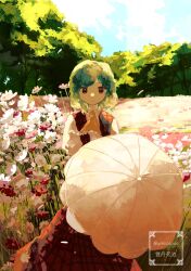 1girl absurdres ascot blue_sky closed_mouth cloud cloudy_sky collared_shirt commentary cosmos_(flower) field flower flower_field frilled_ascot frills highres holding holding_umbrella kazami_yuuka light_smile long_skirt looking_at_viewer nature open_clothes open_vest outdoors parasol plaid_clothes plaid_skirt plaid_vest puffy_sleeves purple_flower red_eyes red_skirt shirt short_hair skirt skirt_set sky solo standing touhou tree twitter_username umbrella uninosono vest white_flower white_shirt wing_collar yellow_ascot