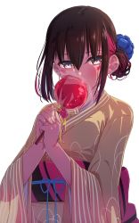 Rule 34 | 1girl, alternate costume, alternate hairstyle, azki (hololive), black hair, candy apple, closed mouth, colored inner hair, commentary, facepaint, flower, food, hair bun, hair flower, hair ornament, highres, holding, holding food, hololive, japanese clothes, kimono, loeldrive, looking at viewer, medium hair, multicolored hair, obi, obijime, own hands together, pink hair, purple eyes, sash, simple background, solo, two-tone hair, upper body, virtual youtuber, white background, wide sleeves, yellow kimono, yukata