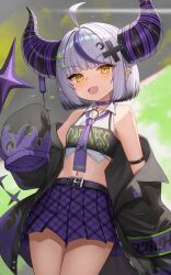 Rule 34 | 1girl, ahoge, arm strap, bare shoulders, belt, black belt, black jacket, blush, choker, commentary request, cowboy shot, crescent, crescent hair ornament, crop top, cropped shirt, cross hair ornament, demon girl, demon horns, ear piercing, fang, flame print, grey hair, hair ornament, highres, hololive, horns, jacket, la+ darknesss, la+ darknesss (casual), long sleeves, looking at viewer, melreon, midriff, miniskirt, multicolored hair, navel, necktie, off shoulder, official alternate costume, open clothes, open jacket, open mouth, piercing, plaid, plaid skirt, pleated skirt, pointy ears, purple choker, purple hair, purple necktie, purple skirt, shirt, short hair, sidelocks, skirt, sleeveless, sleeveless shirt, sleeves past fingers, sleeves past wrists, smile, solo, sparkle hair ornament, streaked hair, striped horns, virtual youtuber, white shirt, yellow eyes