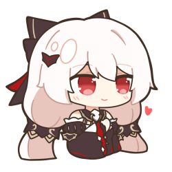 Rule 34 | 1girl, bare shoulders, bat hair ornament, black bow, black dress, black sleeves, blush, bow, check commentary, chibi, chibi only, chinese commentary, commentary request, cropped torso, detached sleeves, dress, hair between eyes, hair bow, hair ornament, heart, honkai (series), honkai impact 3rd, long hair, looking to the side, low twintails, red eyes, sidelocks, simple background, smile, solo, theresa apocalypse, theresa apocalypse (luna kindred), theresa apocalypse (lunar vow: crimson love), twintails, white background, white hair, youtho