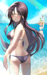 Rule 34 | 2girls, ^ ^, absurdres, alternate hairstyle, animification, apex legends, ass, bikini, black bikini, black hair, blonde hair, blue bikini, blue eyes, blush, breasts, cleavage, closed eyes, cloud, facial scar, from behind, halterneck, highres, long hair, looking at viewer, looking back, medium breasts, mountain, multiple girls, nessie (respawn), nitogebeto, ocean, open mouth, scar, scar on cheek, scar on face, short hair, side-tie bikini bottom, sky, smile, solo focus, string bikini, stuffed animal, stuffed toy, swimsuit, twisted torso, very long hair, water, wattson (apex legends), waving, wraith (apex legends)