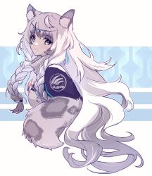 Rule 34 | 1girl, ahoge, animal ear fluff, animal ears, arknights, black cape, blue background, braid, cape, from side, grey eyes, highres, jewelry, kjerag logo, leopard ears, leopard girl, leopard tail, light smile, long hair, looking at viewer, mao (expuella), necklace, pramanix (arknights), side braids, simple background, solo, sweater, tail, tiara, turtleneck, turtleneck sweater, two-tone background, upper body, very long hair, white background, white hair, white sweater
