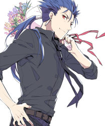 Rule 34 | 1boy, blue hair, bouquet, cu chulainn (fate), earrings, fate/stay night, fate (series), flower, jewelry, kuroemon, cu chulainn (fate/stay night), long hair, male focus, necktie, ponytail, red eyes, solo