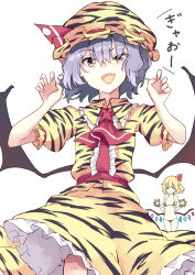 Rule 34 | 2girls, alternate costume, animal ears, animal hands, animal print, arms up, ascot, bat wings, bikini, blonde hair, bow, breasts, center frills, cheering, cheerleader, claw pose, cleavage, collared shirt, commentary request, cowboy shot, cropped legs, crystal, deetamu, dress, eyebrows hidden by hair, facing viewer, fang, fingernails, flandre scarlet, frilled dress, frilled shirt collar, frilled skirt, frills, hat, hat bow, hat ribbon, highres, lips, mob cap, multiple girls, nail polish, navel, one side up, open mouth, pink nails, puffy short sleeves, puffy sleeves, purple hair, red ascot, red bow, red eyes, red ribbon, remilia scarlet, ribbon, sharp fingernails, shirt, short hair, short sleeves, simple background, skin fang, skirt, skirt set, smile, standing, star (symbol), swimsuit, tail, tiger print, tiger tail, touhou, translation request, white background, wings, yellow bikini, yellow headwear