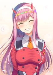 Rule 34 | 10s, 1girl, asahina hikage, breasts, darling in the franxx, closed eyes, grin, hairband, horns, long hair, medium breasts, pink hair, smile, solo, uniform, upper body, white hairband, zero two (darling in the franxx)