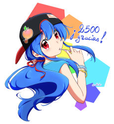 Rule 34 | 1girl, absurdres, alternate costume, bangle, baseball cap, black hat, blue hair, blue tank top, bracelet, candy, commentary, food, hat, highres, hinanawi tenshi, holding, holding candy, holding food, holding lollipop, jewelry, lollipop, long hair, looking at viewer, looking back, multicolored background, nail polish, peach print, pink nails, rakkidei, red eyes, red ribbon, ribbon, simple background, spanish text, tank top, touhou, translated, upper body