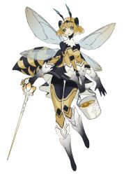 Rule 34 | 1girl, antennae, arthropod girl, bee girl, black sclera, blonde hair, bob cut, bucket, colored sclera, dress, extra arms, extra eyes, female focus, full body, highres, holding, holding bucket, holding sword, holding weapon, honey, insect girl, insect wings, looking at viewer, monster girl, original, ruteko (ruko220), simple background, solo, sword, weapon, white background, wings, yellow eyes