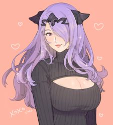 Rule 34 | 1girl, breasts, camilla (fire emblem), cleavage, cleavage cutout, clothing cutout, dress, fire emblem, fire emblem fates, hair over one eye, highres, jivke, large breasts, long hair, looking at viewer, meme attire, naked sweater, nintendo, open-chest sweater, purple eyes, purple hair, ribbed sweater, smile, solo, sweater, sweater dress, turtleneck, very long hair, wavy hair