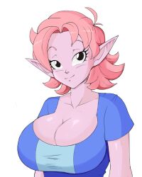 Rule 34 | 1girl, alternate breast size, alternate hairstyle, black eyes, breasts, chronoa, cleavage, colored skin, dragon ball, dragon ball heroes, dragon ball xenoverse, earrings, eyebrows, female focus, jewelry, kappa spark, large breasts, looking at viewer, medium hair, pink skin, pointy ears, potara earrings, shirt, simple background, solo, standing, white background