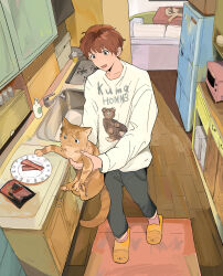 Rule 34 | 1boy, animal, animal print, bacon, bear print, box, brown hair, cat, clothes writing, commentary, cupboard, drawer, english commentary, faucet, food, full body, ga soka, grey pants, highres, holding, holding animal, holding cat, indoors, kitchen, long sleeves, looking at food, male focus, mat, meat, microwave, mixed-language commentary, open mouth, orange cat, orange footwear, original, pants, pillow, plate, print shirt, reaching, refrigerator, shirt, short hair, sink, slippers, smile, soap bottle, solo, standing, stove, white shirt, wooden floor