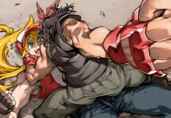 Rule 34 | 2boys, bandana, baseball cap, black hair, blue eyes, boy on top, cargo pants, clenched hand, commentary request, denim, fang, fatal fury, fighting, gloves, hat, imminent punch, jeans, long hair, male focus, multiple boys, muscular, open mouth, pants, ponytail, ralf jones, red gloves, shoulder pads, sleeveless, straddling, tan, terry bogard, the king of fighters, translation request, vest, ysk!