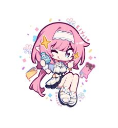 bare_legs bikini bikini_skirt blue_eyes bottle bracelet character_name chibi chibi_only elf elysia_(honkai_impact) elysia_(miss_pink_elf)_(honkai_impact) elysia_(summer_miss_elf)_(honkai_impact) food headband holding holding_bottle honkai_(series) honkai_impact_3rd ice_cream jewelry meadow_(morphinecaca) necklace one_eye_closed pearl_necklace pink_hair pointy_ears sandals star_(symbol) swimsuit thumbs_up twintails white_background white_bikini white_headband