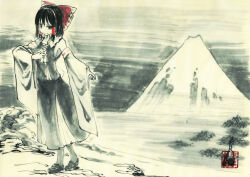 Rule 34 | 1girl, ascot, black hair, bow, collared shirt, commentary request, detached sleeves, frilled bow, frills, greyscale, hair bow, hair tubes, hakurei reimu, highres, ink (medium), ink wash painting, looking at viewer, monochrome, mountain, red bow, ribbon-trimmed sleeves, ribbon trim, shirt, short hair, sidelocks, skirt, sleeveless, sleeveless shirt, spot color, takaharuti, touhou, traditional media, wide sleeves