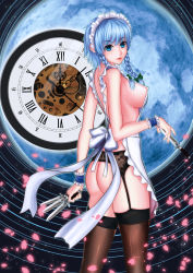 Rule 34 | 1girl, absurdres, alternate hair color, apron, areola slip, ass, back, between fingers, blue eyes, blue hair, bow, braid, breasts, cherry blossoms, clock, covered erect nipples, dagger, fantasy, frilled apron, frills, full moon, garter belt, garter straps, gears, hair bow, highres, holding, izayoi sakuya, knife, large breasts, light particles, looking at viewer, looking back, looking to the side, maid headdress, matching hair/eyes, moon, naked apron, open mouth, parted lips, petals, roman numeral, shiny clothes, short hair, sideboob, smile, solo, thighhighs, touhou, twin braids, weapon, wrist cuffs, ytoy
